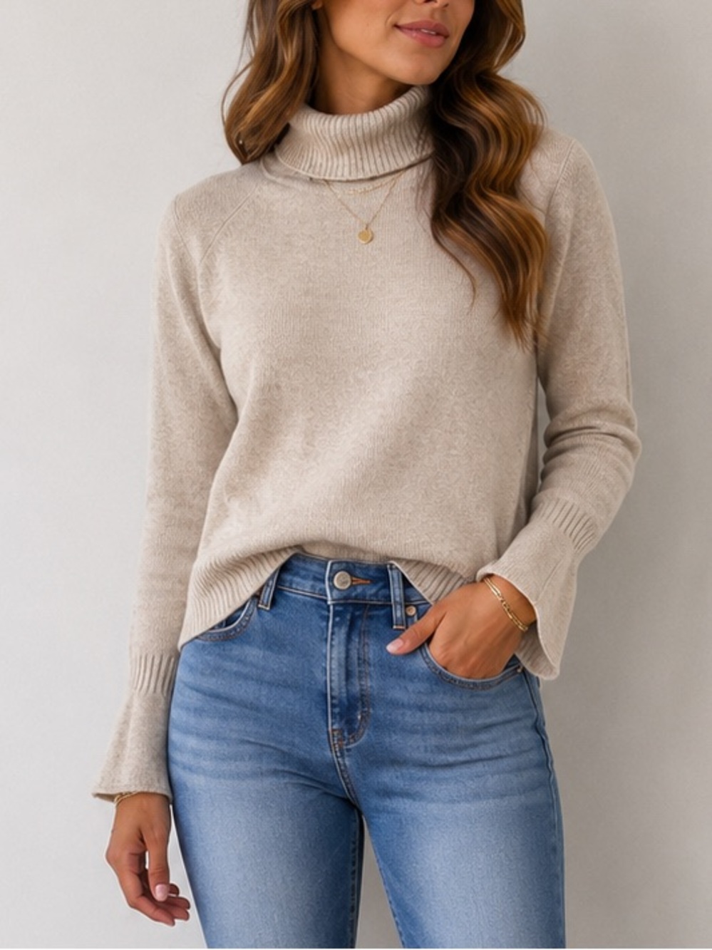 LOFT Cream Turtleneck Belle Sleeve Sweater